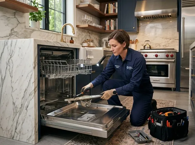 Appliance Repair Hero technician servicing a built-in dishwasher in a Bonfield, IL kitchen