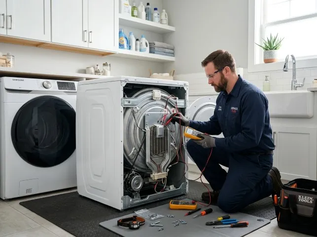 Appliance Repair Hero technician checking a dryer heating element with the rear panel off in Bonfield, IL