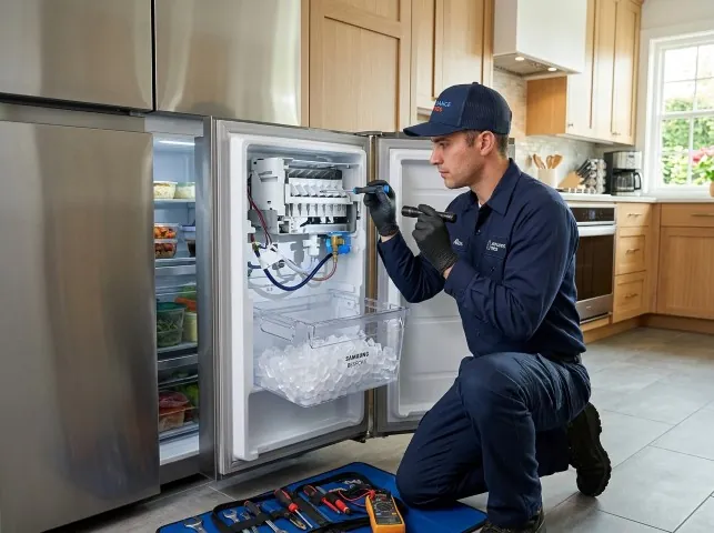 Appliance Repair Hero technician repairing a refrigerator ice maker in Bonfield, IL
