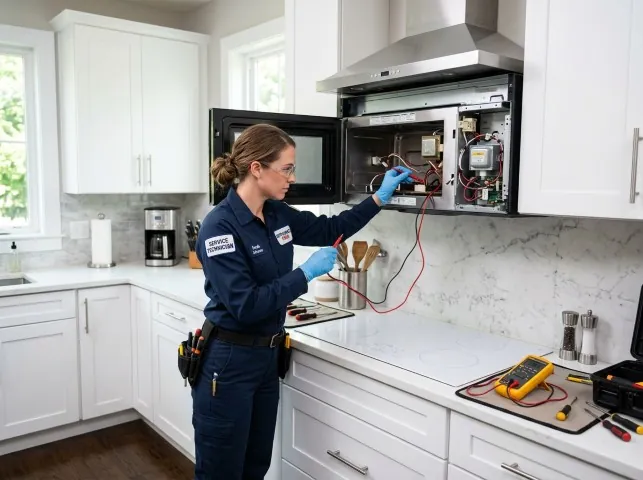 Appliance Repair Hero technician testing an over-the-range microwave in a Bonfield, IL kitchen