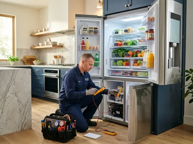 Appliance Repair Hero refrigerator technician testing a fridge on a Bonfield, IL service call