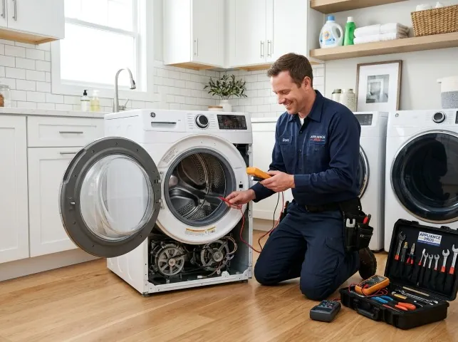 Appliance Repair Hero technician testing a front-load washer with a multimeter on a Bonfield, IL service call